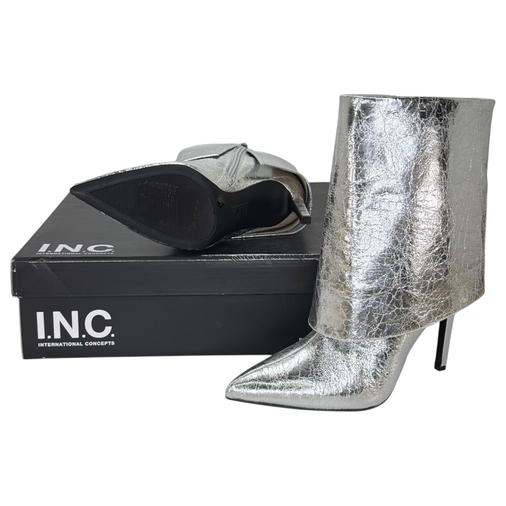 INC Sabeel Silver Patent Leather Cuff Heeled Womens Boots Size 8.5M - Picture 12 of 14
